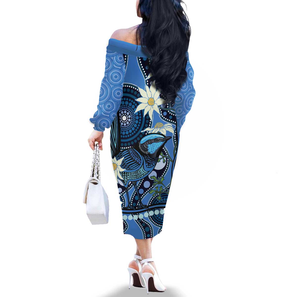 Australia Flannel Flower With Superb Fairy-wren Family Matching Off The Shoulder Long Sleeve Dress and Hawaiian Shirt Aboriginal Art