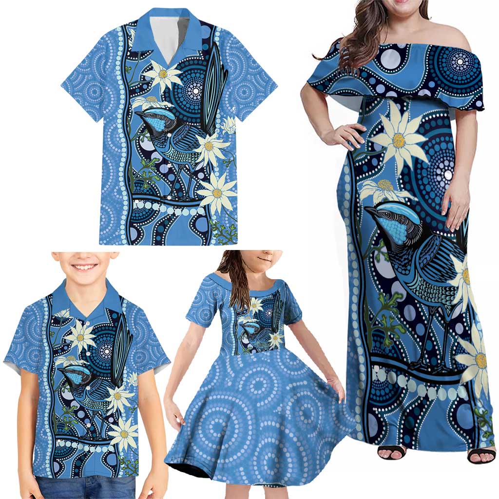 Australia Flannel Flower With Superb Fairy-wren Family Matching Off Shoulder Maxi Dress and Hawaiian Shirt Aboriginal Art