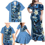 Australia Flannel Flower With Superb Fairy-wren Family Matching Off Shoulder Maxi Dress and Hawaiian Shirt Aboriginal Art