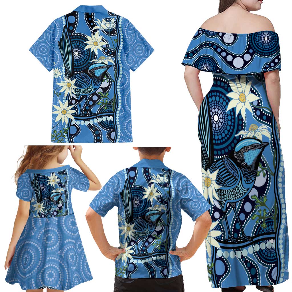 Australia Flannel Flower With Superb Fairy-wren Family Matching Off Shoulder Maxi Dress and Hawaiian Shirt Aboriginal Art