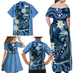 Australia Flannel Flower With Superb Fairy-wren Family Matching Off Shoulder Maxi Dress and Hawaiian Shirt Aboriginal Art