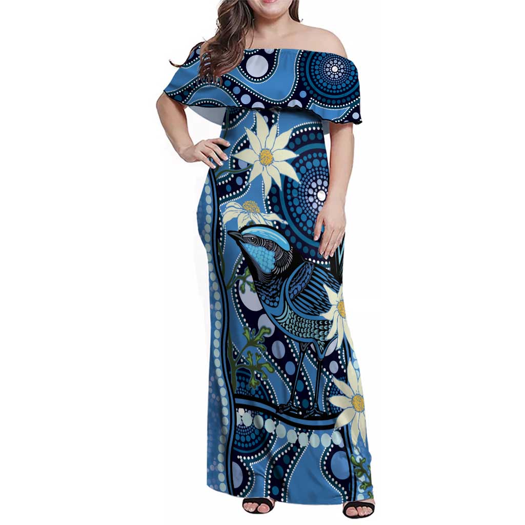 Australia Flannel Flower With Superb Fairy-wren Family Matching Off Shoulder Maxi Dress and Hawaiian Shirt Aboriginal Art