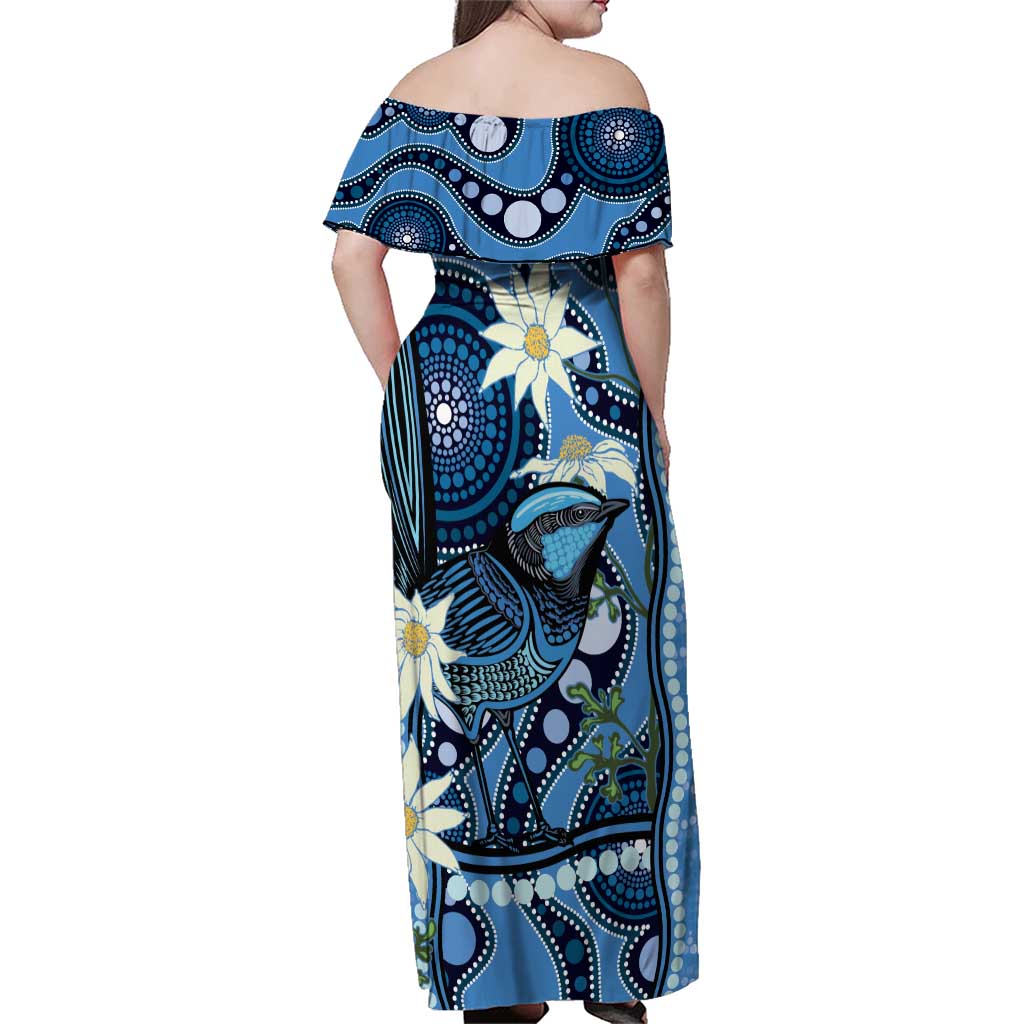 Australia Flannel Flower With Superb Fairy-wren Family Matching Off Shoulder Maxi Dress and Hawaiian Shirt Aboriginal Art