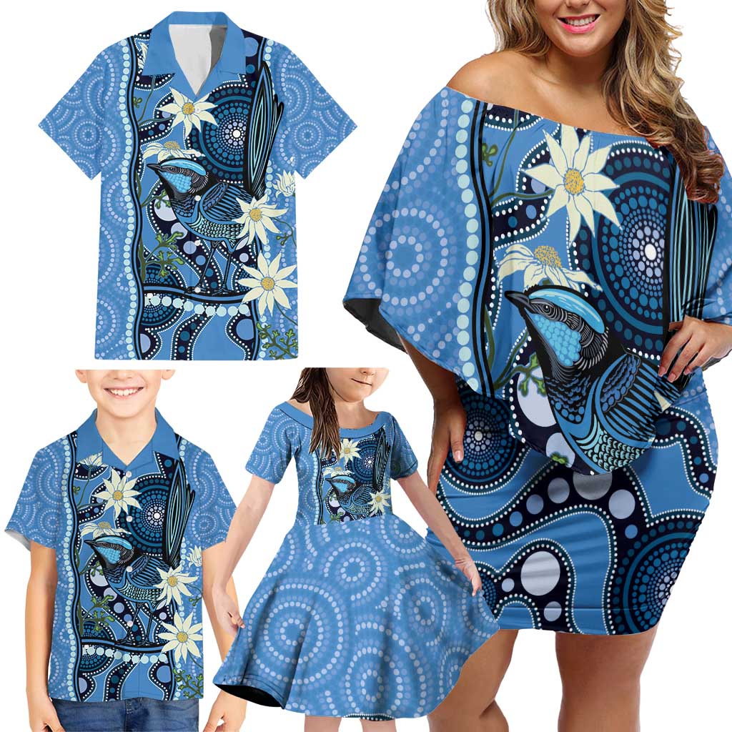 Australia Flannel Flower With Superb Fairy-wren Family Matching Off Shoulder Short Dress and Hawaiian Shirt Aboriginal Art
