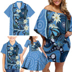 Australia Flannel Flower With Superb Fairy-wren Family Matching Off Shoulder Short Dress and Hawaiian Shirt Aboriginal Art