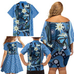 Australia Flannel Flower With Superb Fairy-wren Family Matching Off Shoulder Short Dress and Hawaiian Shirt Aboriginal Art