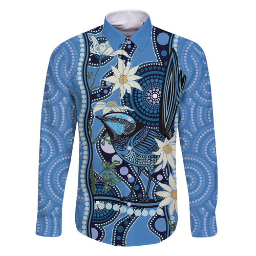 Australia Flannel Flower With Superb Fairy-wren Family Matching Off Shoulder Short Dress and Hawaiian Shirt Aboriginal Art