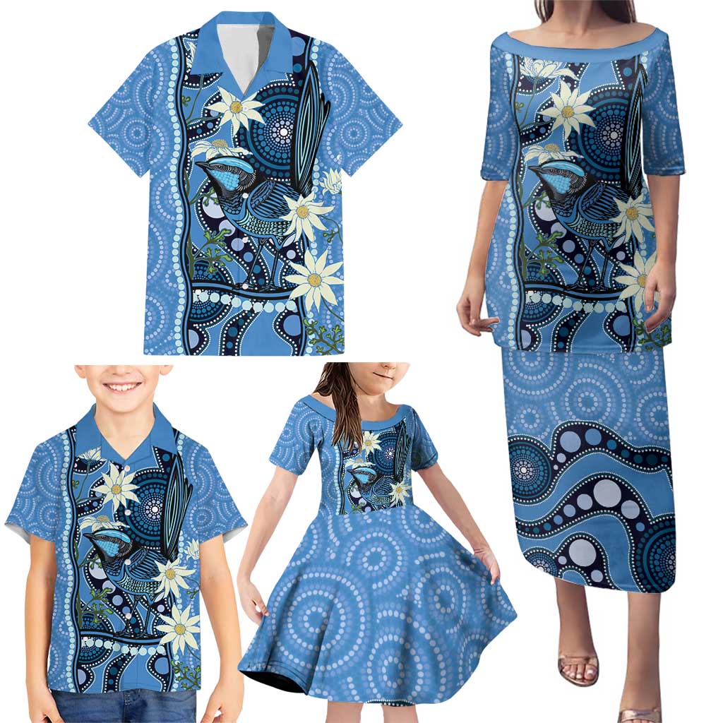 Australia Flannel Flower With Superb Fairy-wren Family Matching Puletasi and Hawaiian Shirt Aboriginal Art