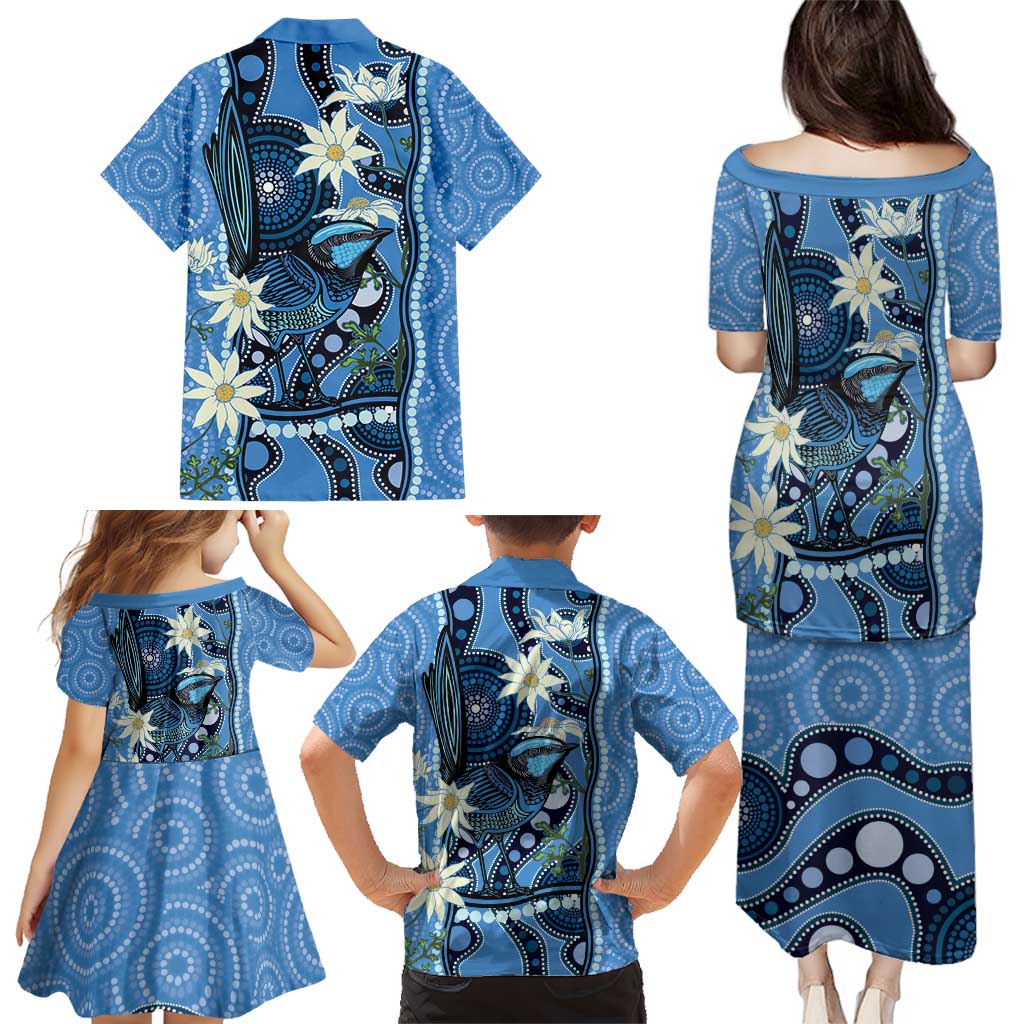 Australia Flannel Flower With Superb Fairy-wren Family Matching Puletasi and Hawaiian Shirt Aboriginal Art