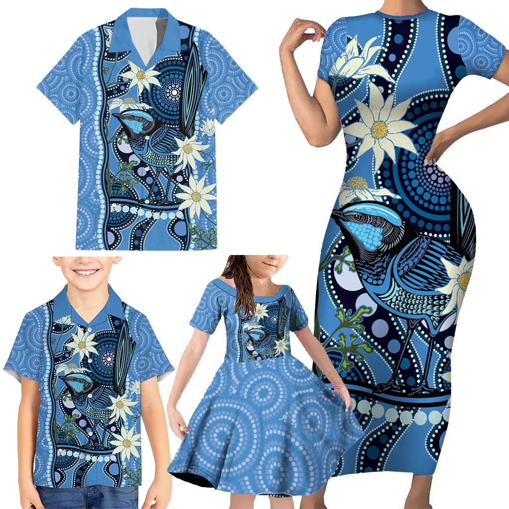 Australia Flannel Flower With Superb Fairy-wren Family Matching Short Sleeve Bodycon Dress and Hawaiian Shirt Aboriginal Art