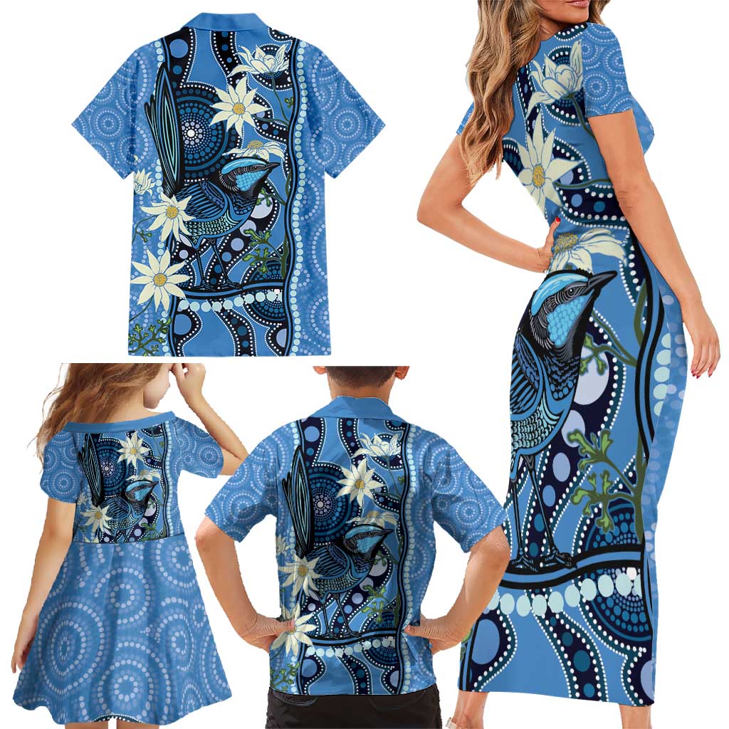 Australia Flannel Flower With Superb Fairy-wren Family Matching Short Sleeve Bodycon Dress and Hawaiian Shirt Aboriginal Art