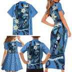 Australia Flannel Flower With Superb Fairy-wren Family Matching Short Sleeve Bodycon Dress and Hawaiian Shirt Aboriginal Art