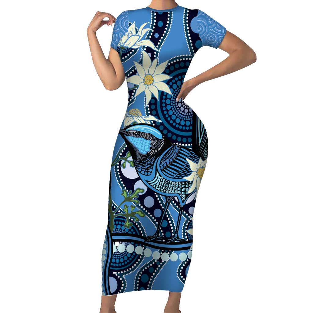 Australia Flannel Flower With Superb Fairy-wren Family Matching Short Sleeve Bodycon Dress and Hawaiian Shirt Aboriginal Art