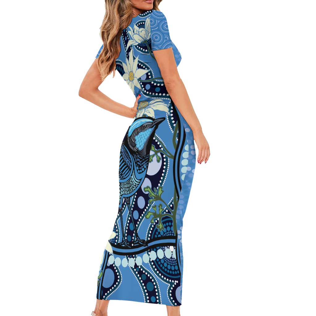 Australia Flannel Flower With Superb Fairy-wren Family Matching Short Sleeve Bodycon Dress and Hawaiian Shirt Aboriginal Art