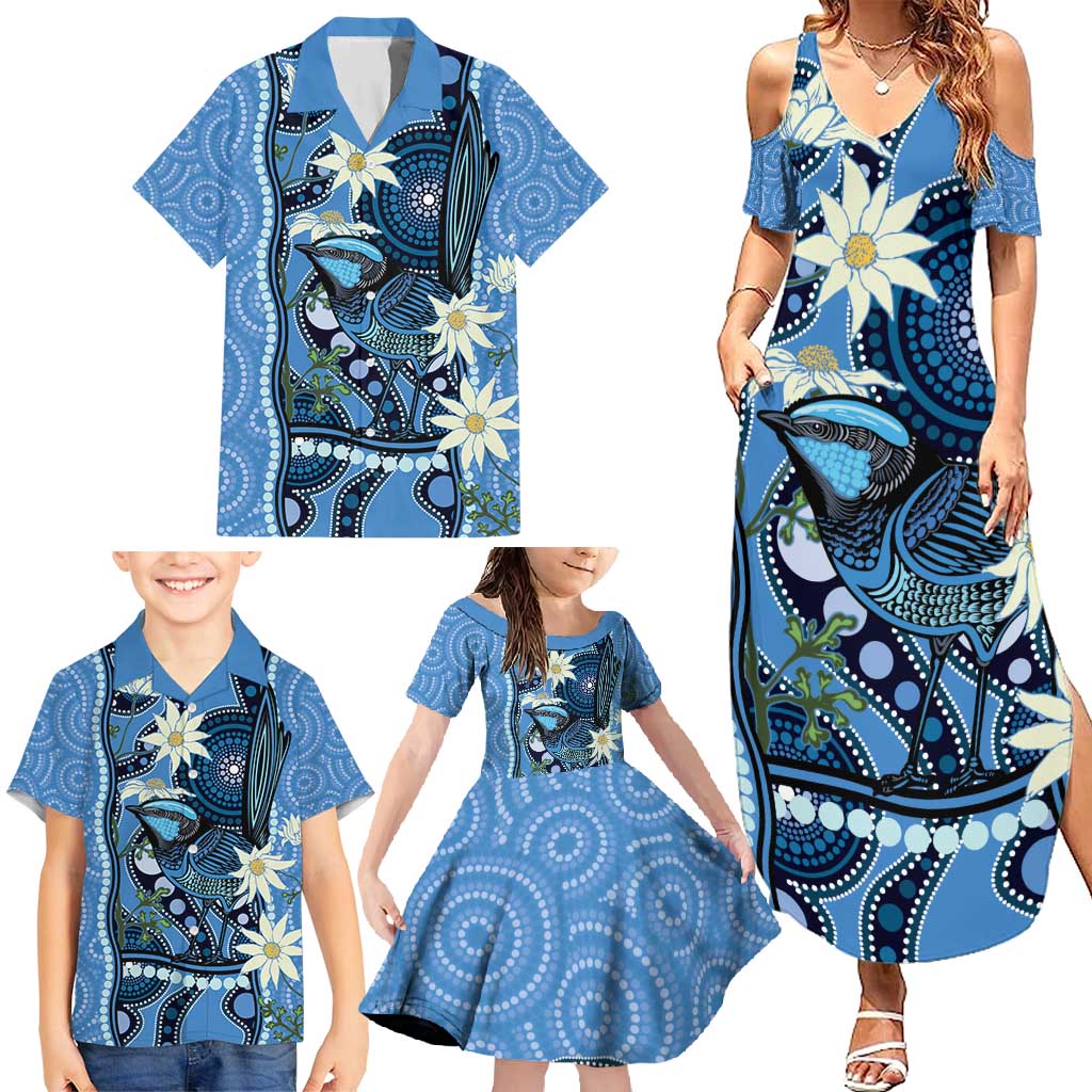 Australia Flannel Flower With Superb Fairy-wren Family Matching Summer Maxi Dress and Hawaiian Shirt Aboriginal Art