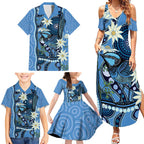 Australia Flannel Flower With Superb Fairy-wren Family Matching Summer Maxi Dress and Hawaiian Shirt Aboriginal Art