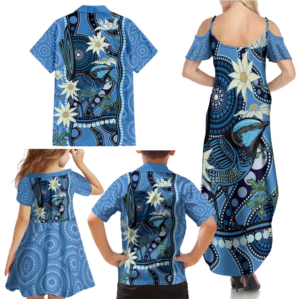 Australia Flannel Flower With Superb Fairy-wren Family Matching Summer Maxi Dress and Hawaiian Shirt Aboriginal Art
