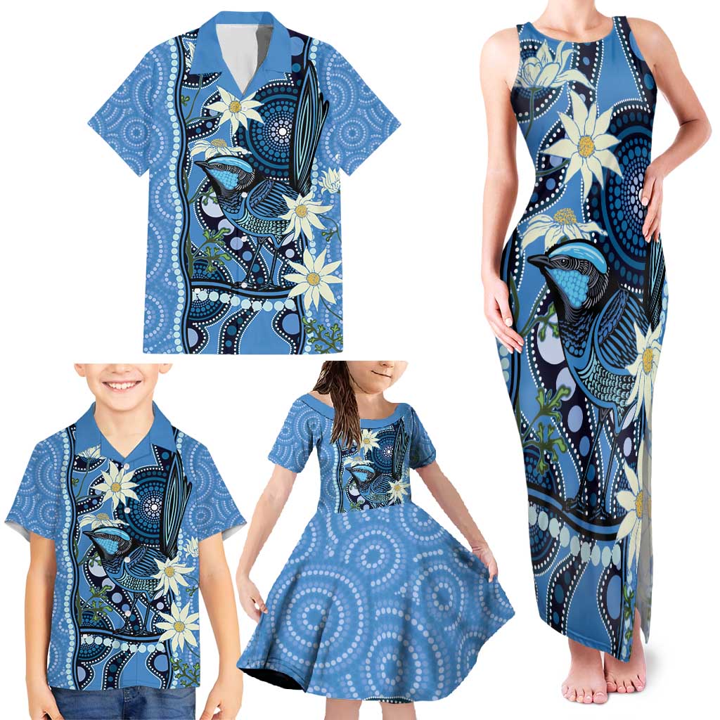 Australia Flannel Flower With Superb Fairy-wren Family Matching Tank Maxi Dress and Hawaiian Shirt Aboriginal Art