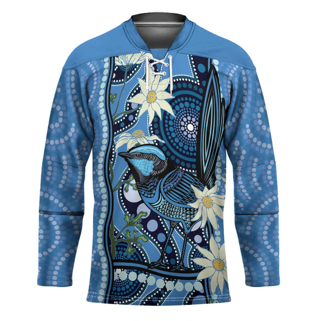 Australia Flannel Flower With Superb Fairy-wren Hockey Jersey Aboriginal Art - Aussie Hoodie