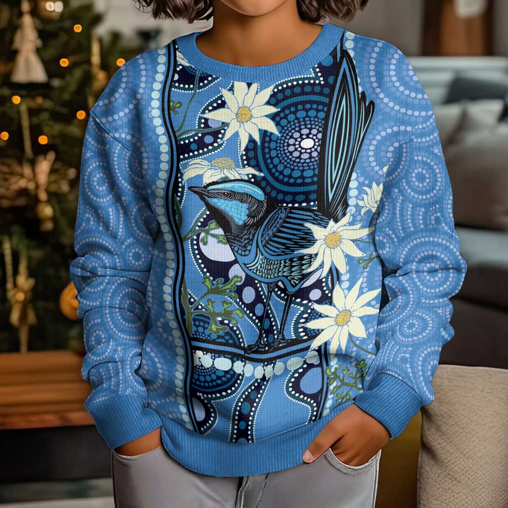 Australia Flannel Flower With Superb Fairy-wren Kid Ugly Christmas Sweater Aboriginal Art