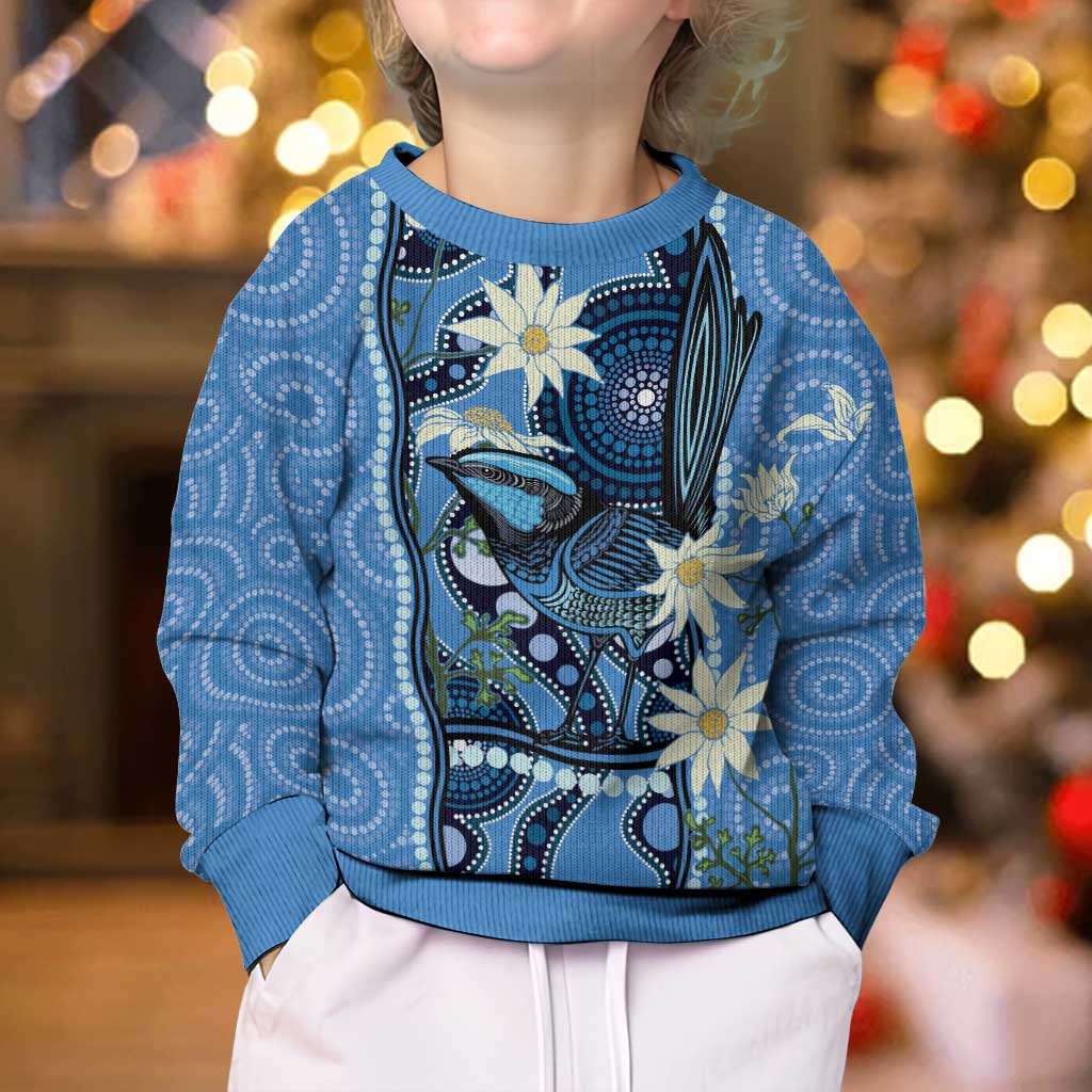 Australia Flannel Flower With Superb Fairy-wren Kid Ugly Christmas Sweater Aboriginal Art
