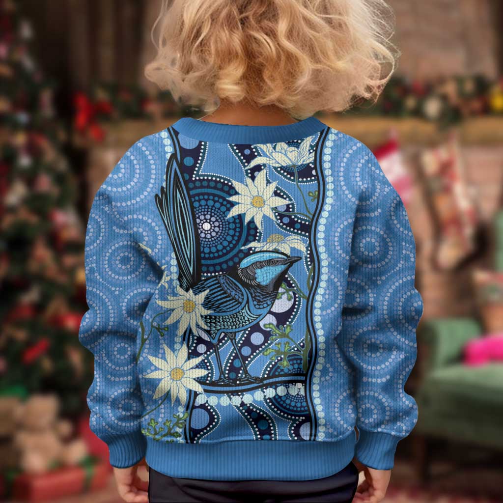Australia Flannel Flower With Superb Fairy-wren Kid Ugly Christmas Sweater Aboriginal Art
