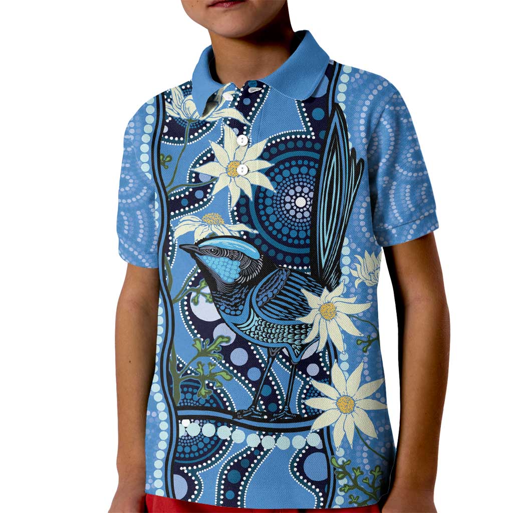 Australia Flannel Flower With Superb Fairy-wren Kid Polo Shirt Aboriginal Art