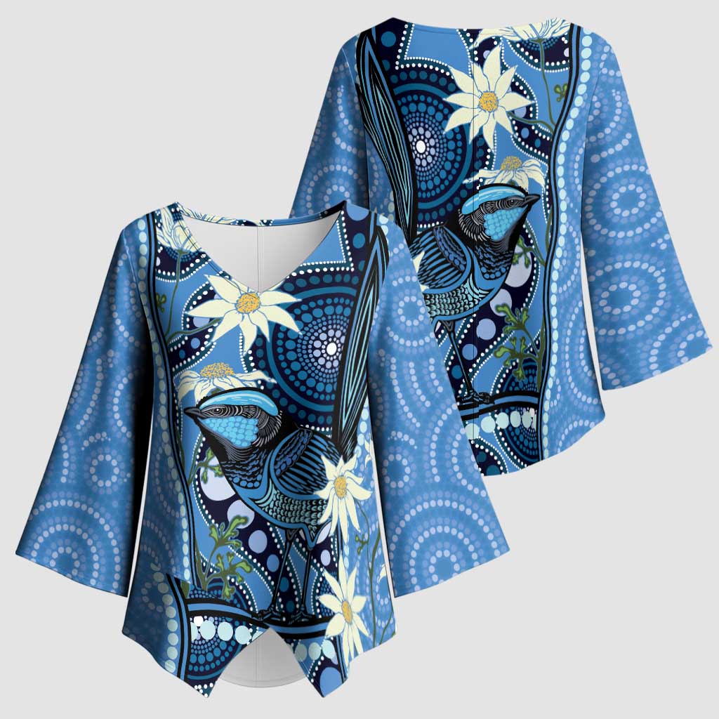 Australia Flannel Flower With Superb Fairy-wren Kimono Sleeve Blouse Aboriginal Art - Aussie Hoodie