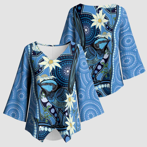 Australia Flannel Flower With Superb Fairy-wren Kimono Sleeve Blouse Aboriginal Art - Aussie Hoodie