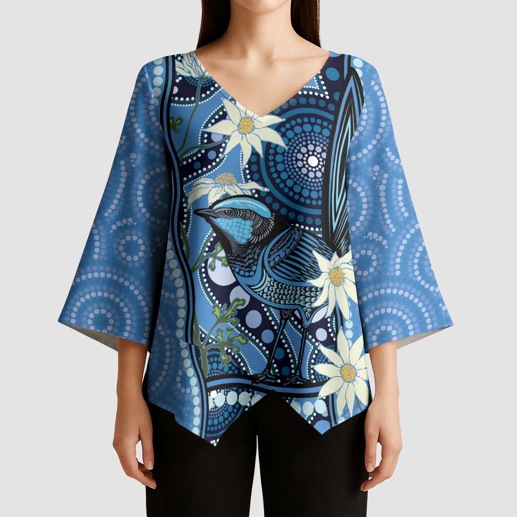 Australia Flannel Flower With Superb Fairy-wren Kimono Sleeve Blouse Aboriginal Art - Aussie Hoodie