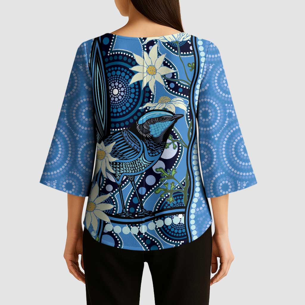 Australia Flannel Flower With Superb Fairy-wren Kimono Sleeve Blouse Aboriginal Art - Aussie Hoodie