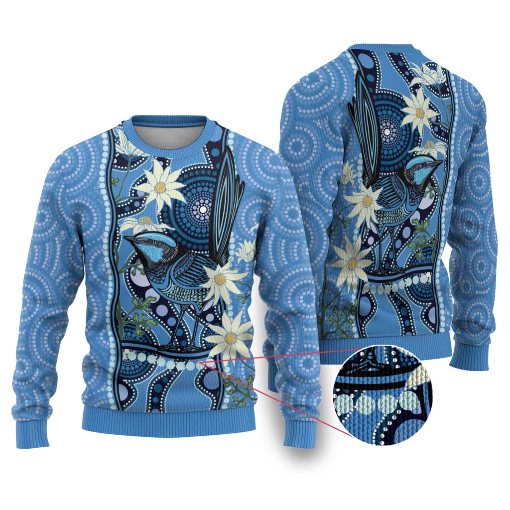 Australia Flannel Flower With Superb Fairy-wren Ugly Christmas Sweater Aboriginal Art