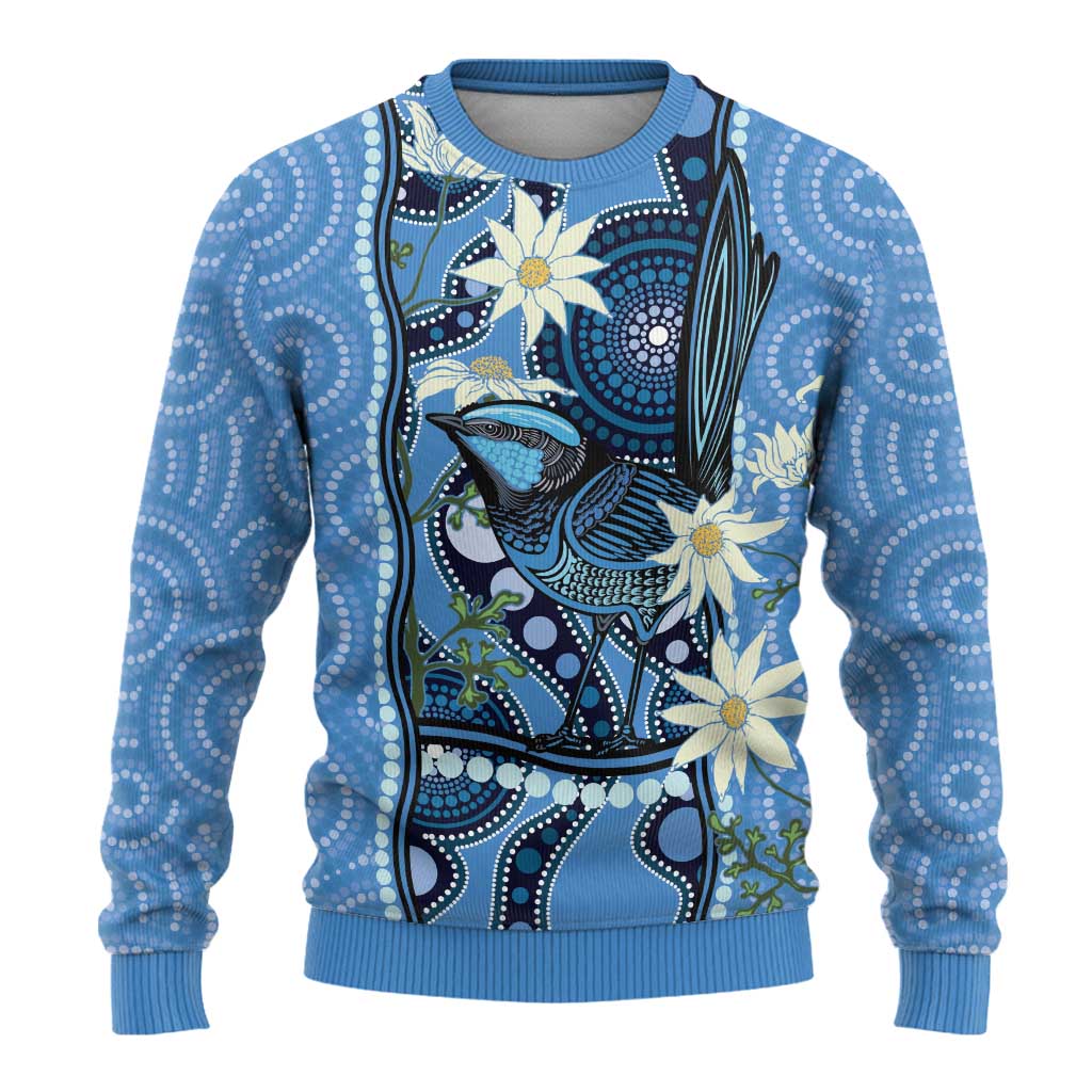 Australia Flannel Flower With Superb Fairy-wren Ugly Christmas Sweater Aboriginal Art