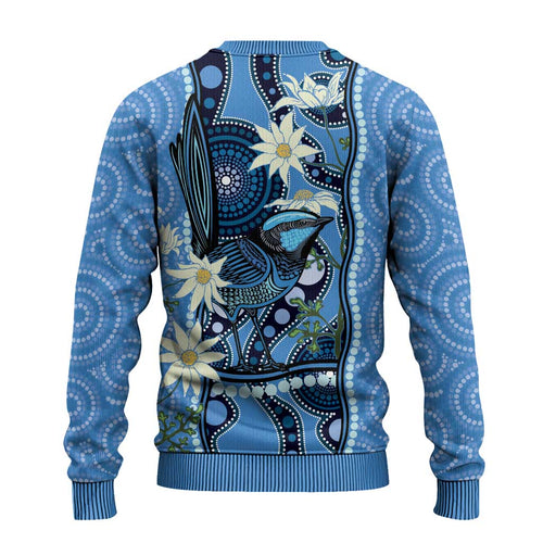Australia Flannel Flower With Superb Fairy-wren Ugly Christmas Sweater Aboriginal Art