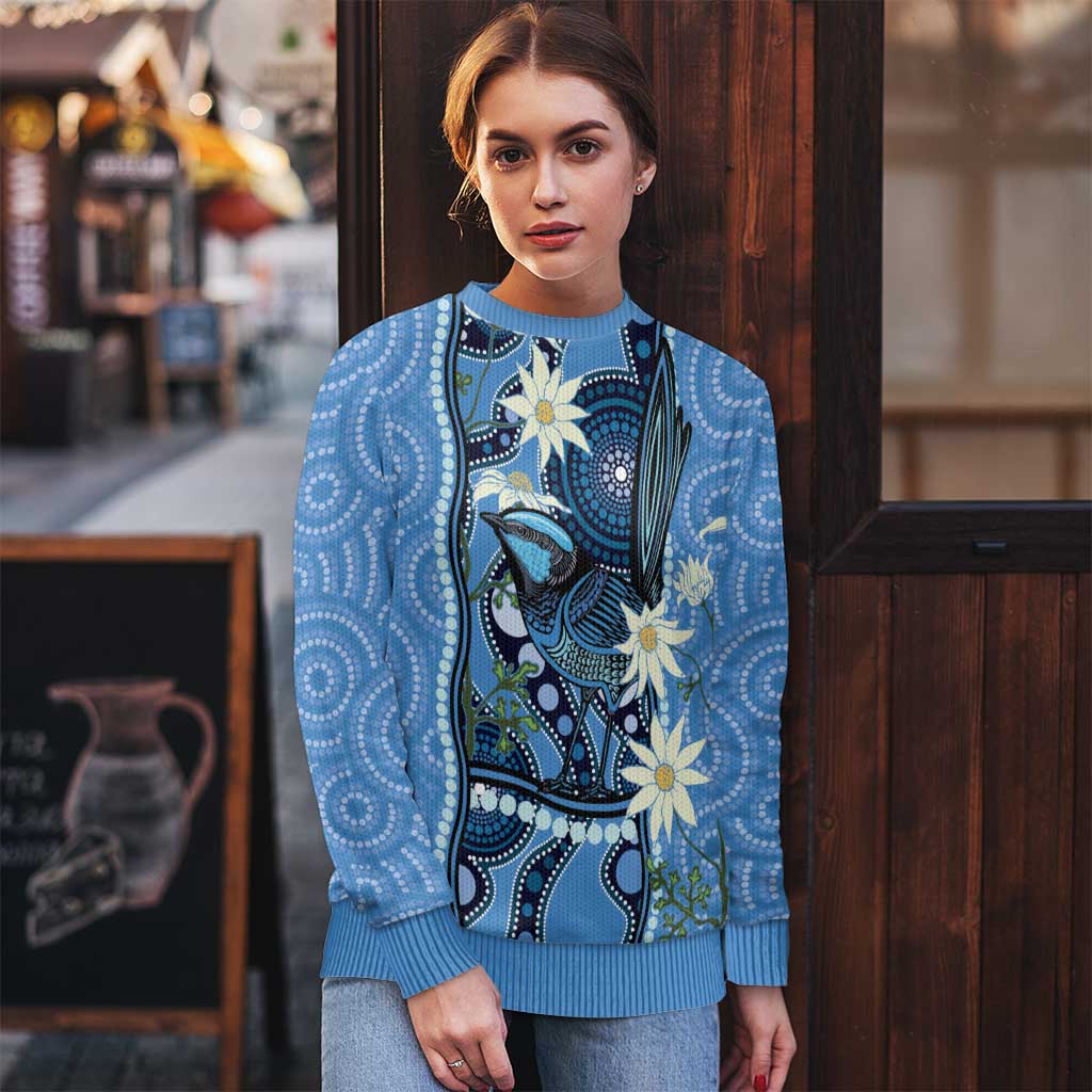 Australia Flannel Flower With Superb Fairy-wren Ugly Christmas Sweater Aboriginal Art