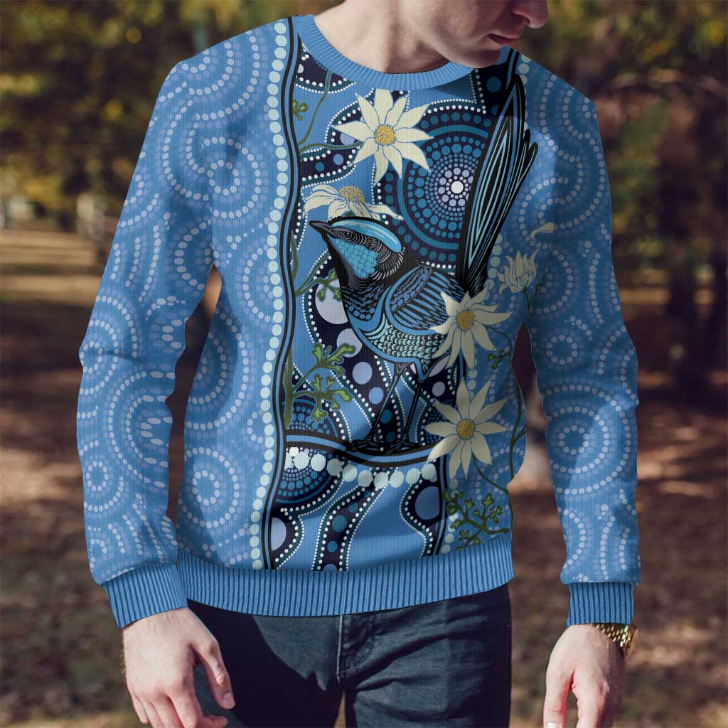 Australia Flannel Flower With Superb Fairy-wren Ugly Christmas Sweater Aboriginal Art