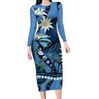 Australia Flannel Flower With Superb Fairy-wren Long Sleeve Bodycon Dress Aboriginal Art