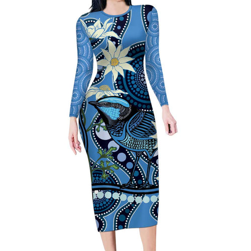 Australia Flannel Flower With Superb Fairy-wren Long Sleeve Bodycon Dress Aboriginal Art