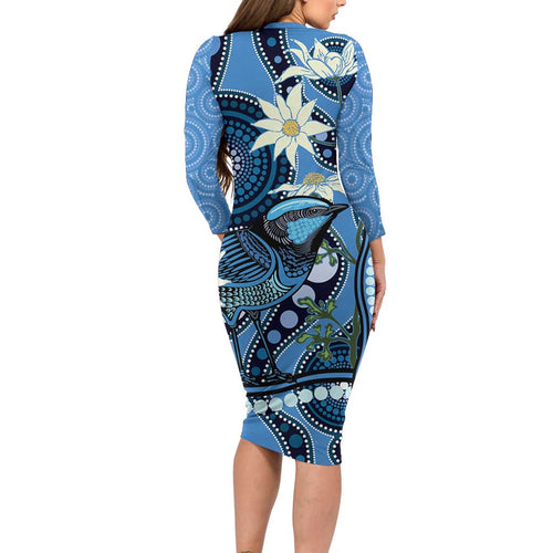 Australia Flannel Flower With Superb Fairy-wren Long Sleeve Bodycon Dress Aboriginal Art
