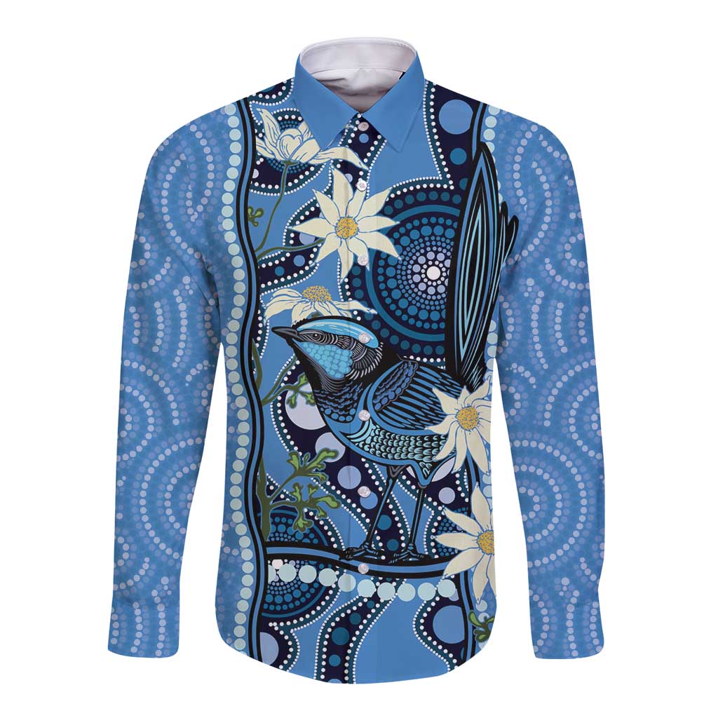 Australia Flannel Flower With Superb Fairy-wren Long Sleeve Button Shirt Aboriginal Art
