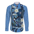 Australia Flannel Flower With Superb Fairy-wren Long Sleeve Button Shirt Aboriginal Art