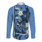 Australia Flannel Flower With Superb Fairy-wren Long Sleeve Button Shirt Aboriginal Art