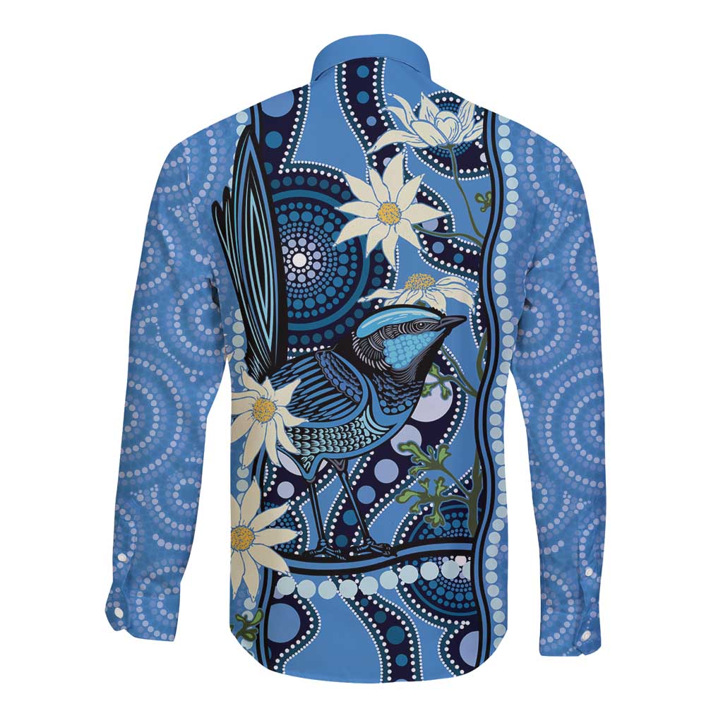 Australia Flannel Flower With Superb Fairy-wren Long Sleeve Button Shirt Aboriginal Art
