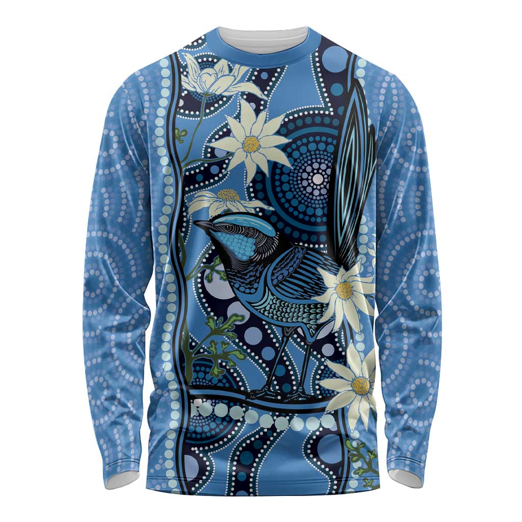 Australia Flannel Flower With Superb Fairy-wren Long Sleeve Shirt Aboriginal Art