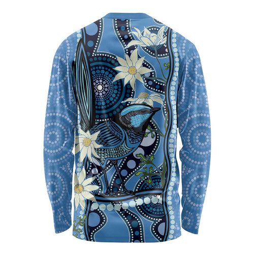 Australia Flannel Flower With Superb Fairy-wren Long Sleeve Shirt Aboriginal Art