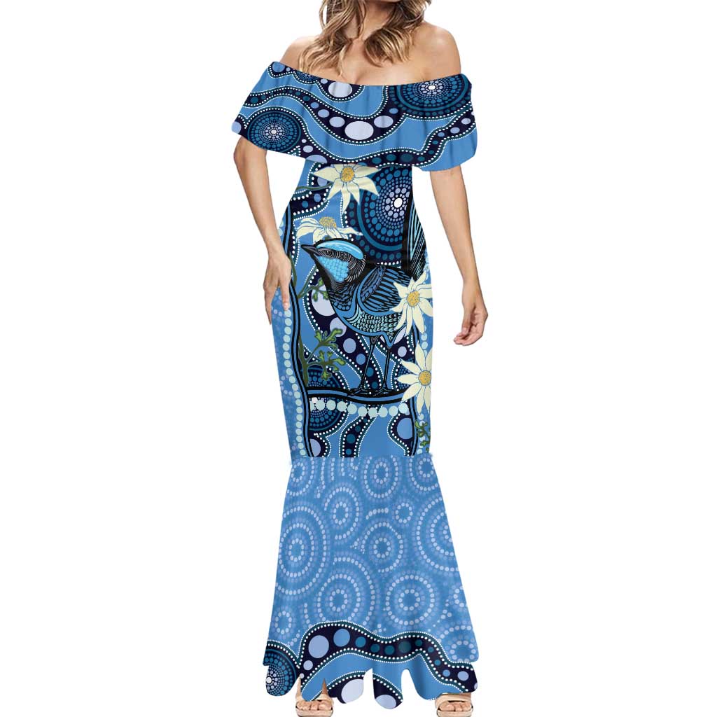 Australia Flannel Flower With Superb Fairy-wren Mermaid Dress Aboriginal Art
