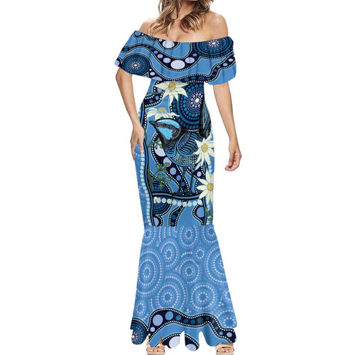 Australia Flannel Flower With Superb Fairy-wren Mermaid Dress Aboriginal Art