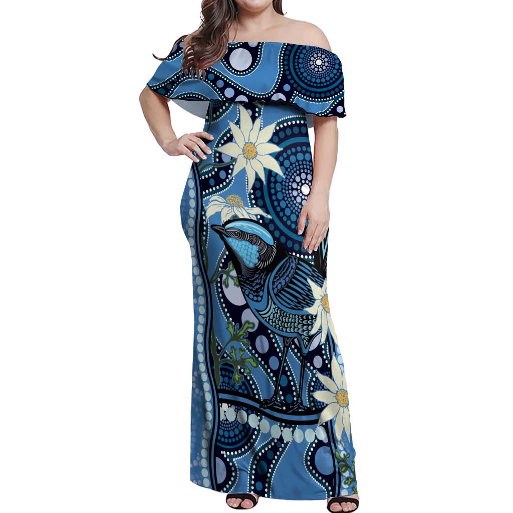 Australia Flannel Flower With Superb Fairy-wren Off Shoulder Maxi Dress Aboriginal Art