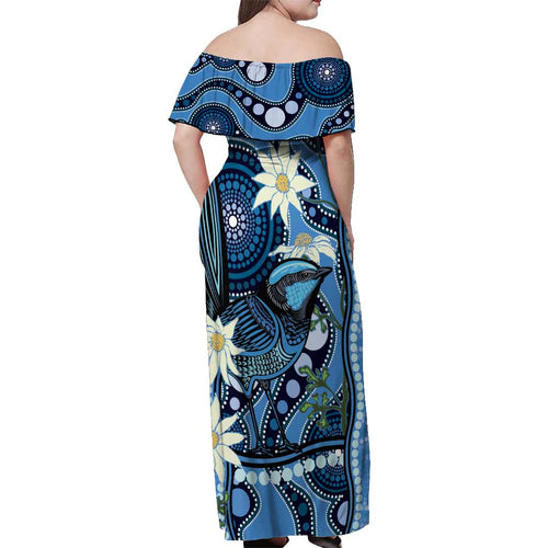 Australia Flannel Flower With Superb Fairy-wren Off Shoulder Maxi Dress Aboriginal Art