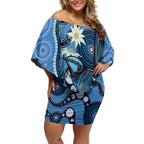 Australia Flannel Flower With Superb Fairy-wren Off Shoulder Short Dress Aboriginal Art